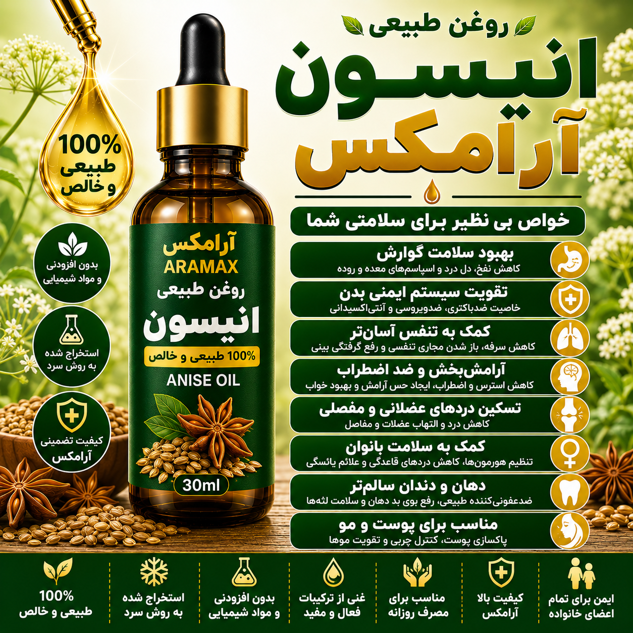 روغن انیسون | تسکین‌دهنده طبیعی دردهای عضلانی و تقویت‌کننده دستگاه گوارش